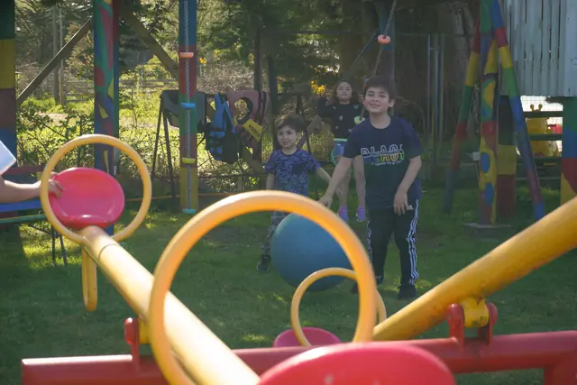 Estructura de juegos con anillas y pelotas de colores en el jardín