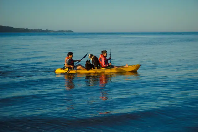 Kayak amarillo remando sobre el mar azul frente a Ancud